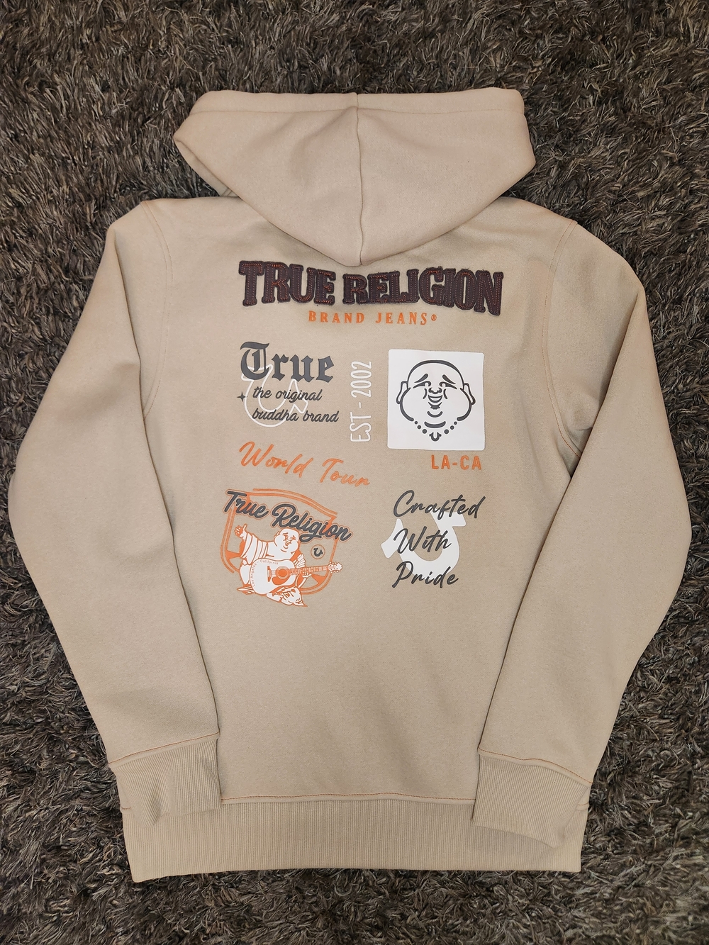 True Religion Zip Hoodie Sweatshirt New w/ Tags  Graphic Back Prints Orange Grey